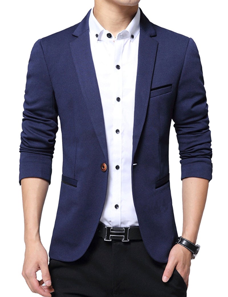 DAVID.ANN Men's Slim Fit Suits Casual One Button Flap Pockets Solid Blazer Jacket,Dark Blue,Large - Image 1